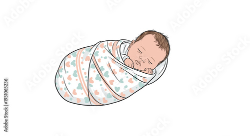 Sweet newborn baby peacefully sleeping while wrapped in a cozy white swaddle blanket decorated with colorful heart and leaf patterns.