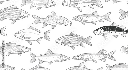 Seamless pattern with hand drawn various fish species including carp and pike, perfect for fishing and nature themed designs.