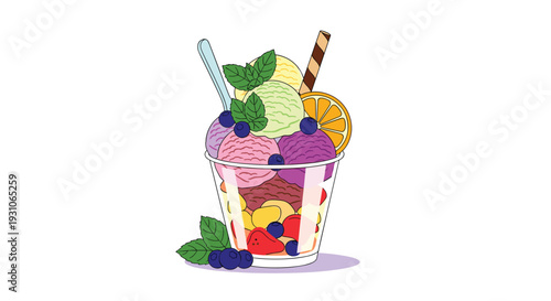 Delicious ice cream sundae in a tall glass featuring assorted colorful scoops topped with berries, orange slice, mint leaves, and a wafer.