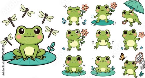 Cute cartoon frog character set with different poses, dragonflies, flowers and umbrella, adorable green amphibian collection illustration isolated on white background