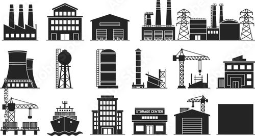 Industrial factory and warehouse icons set vector illustration, black silhouette power plant, crane, refinery and storage buildings collection isolated on white background