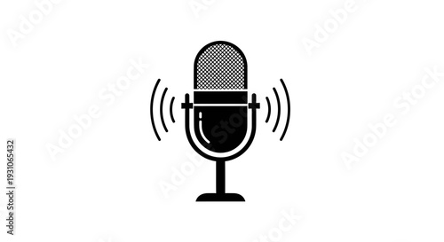 Retro Microphone Icon with Sound Waves, Vintage Audio Recording Symbol, Podcast Broadcast Graphic