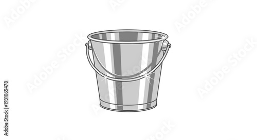 Shiny Metal Bucket with Handle, Isolated on White Background