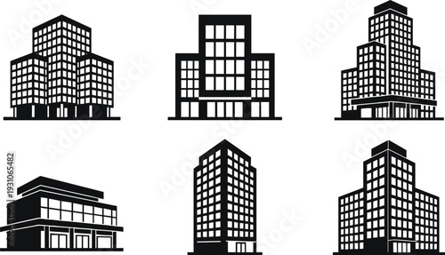 vModern Office Building Silhouette Set, Black Urban Architecture Icons Collection for Real Estate, Construction Business, Corporate Property Branding and City Development Design