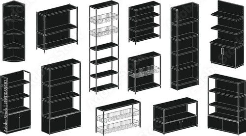 Modern storage furniture silhouettes set in vector illustration, shelving units and cabinets isolated on white background, ideal for interior design plans, furnitu