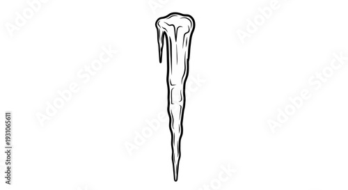Single Icicle Hanging, Winter Frost, Frozen Water Drip, Cold Weather Element, Isolated on White