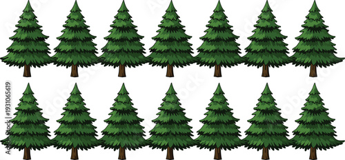 Set of lush green spruce and fir tree illustrations with dense foliage and brown trunks in cartoon style isolated on white background for nature. (25 words)