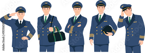 Set of Professional Airline Pilot Characters Wearing Blue Uniforms and Hats in Various Poses Including Saluting Carrying Bags and Holding Helmets on White Background