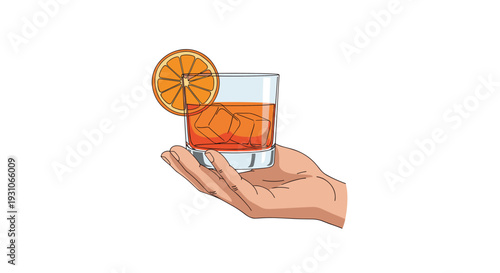 Human hand holding a glass of amber liquid with ice cubes and an orange slice garnish isolated on a white background.