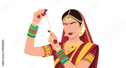 Beautiful Indian woman in traditional red and gold saree holding a beaded necklace while adorned with elaborate jewelry.