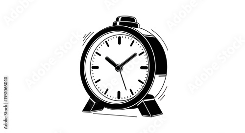 Vintage Alarm Clock Illustration, Black and White, Retro Timepiece, Wake Up Concept