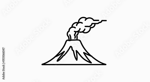 Volcano Eruption Icon Line Art - Active Mountain Emitting Smoke and Ash