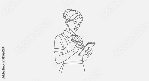 Waitress taking order, writing notes on notepad, wearing apron, professional service, line art illustration