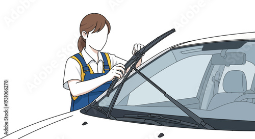 Woman cleaning car windshield wipers, car maintenance, auto care, vehicle service