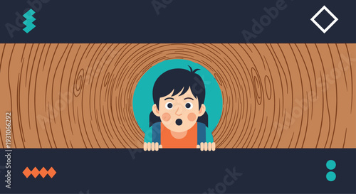 Surprised young girl with an open mouth peers through a circular hole in a wooden board against a dark background.