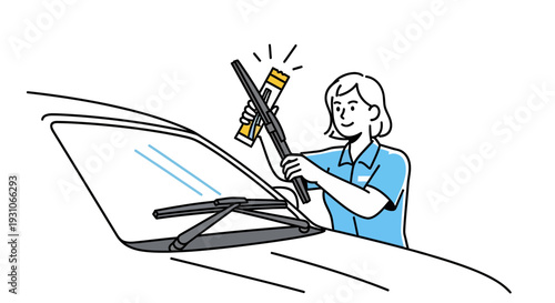 Woman cleaning car windshield wipers with spray bottle, car maintenance concept