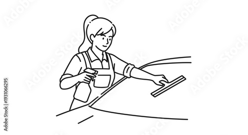 Woman cleaning car windshield with spray bottle and squeegee, car wash service, detailed work