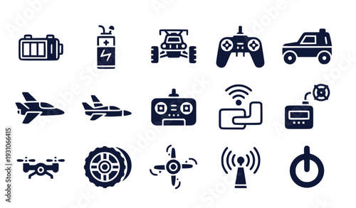 Remote Control Toys Icons Set: Drones, Cars, Planes, Batteries, Controllers, Flat Design Vector Illustration
