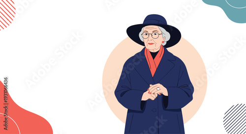 Elegant elderly woman wearing a dark blue coat, stylish hat, orange scarf, and glasses standing gracefully outdoors.