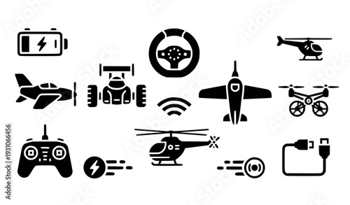 RC Vehicles & Charging Icons: Airplane, Drone, Car, Helicopter, Battery, USB, Controller, Flat Design Vector Illustration