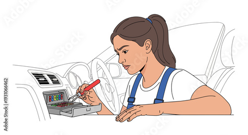 Woman fixing car fuse box with tool, automotive repair, DIY car maintenance