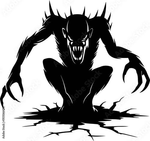 Raised dorsal spikes and open maw monster poised to strike, terrifying folklore entity graphic, macabre marketing element for horror posters, esports emblems, printable black SVG artwork
