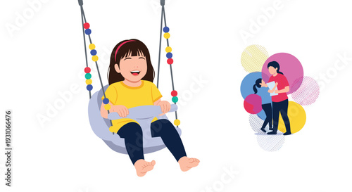 Happy young girl with brown hair laughing while playing on a swing with colorful beads on the ropes against white background.