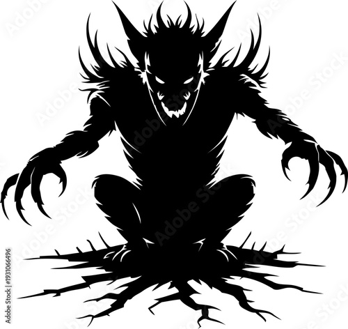 Ground splitting beneath clawed monster squat pose, ghastly underrealm entity symbol, spooky promotional artwork for Halloween branding, sticker sheets, flat black vector silhouette