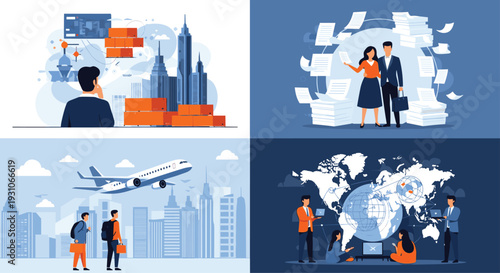 Four-part business illustration showing logistics planning, a couple with overwhelming paperwork, international travel, and a global digital network.