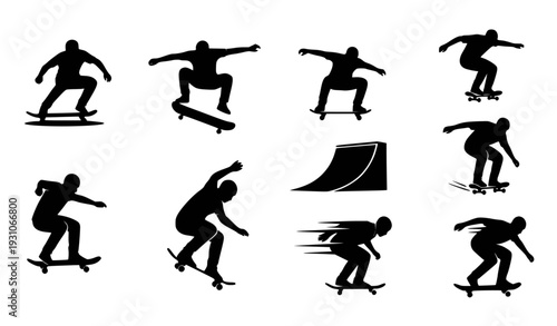 Skateboarder Silhouette Collection: Action Poses & Tricks Vector Illustration