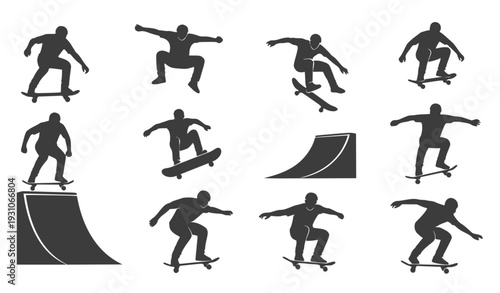 Skateboarder Silhouettes Collection: Extreme Sports Action Flat Design Vector Illustration