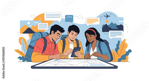 Group of three young travelers with backpacks look at a digital map on a large tablet to plan their next journey together.