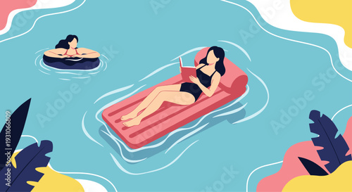 Two women relax in a swimming pool with one reading a book on a pink float while the other drifts in a tube on a sunny day.