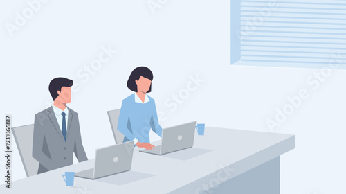 男性と女性の社員が並んで座ってPCを前にデスクワークする風景のベクターイラスト