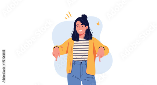 Happy young woman wearing a yellow cardigan and striped shirt smiles while pointing both hands down at something below.
