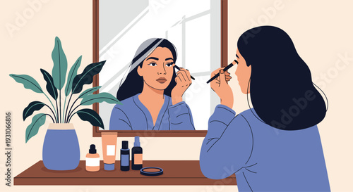 Young woman wearing a blue robe applies eye makeup in front of a mirror with beauty products on a wooden shelf nearby.