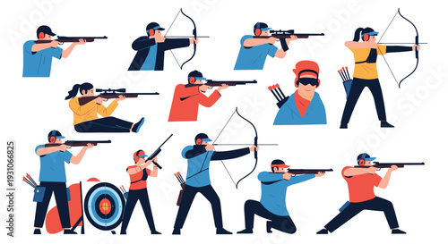Various athletes participate in shooting sports including archery and rifle shooting in different poses on a white background.