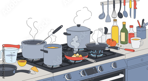 Busy kitchen scene with several pots and pans steaming on a gas stove surrounded by various cooking utensils and ingredients.