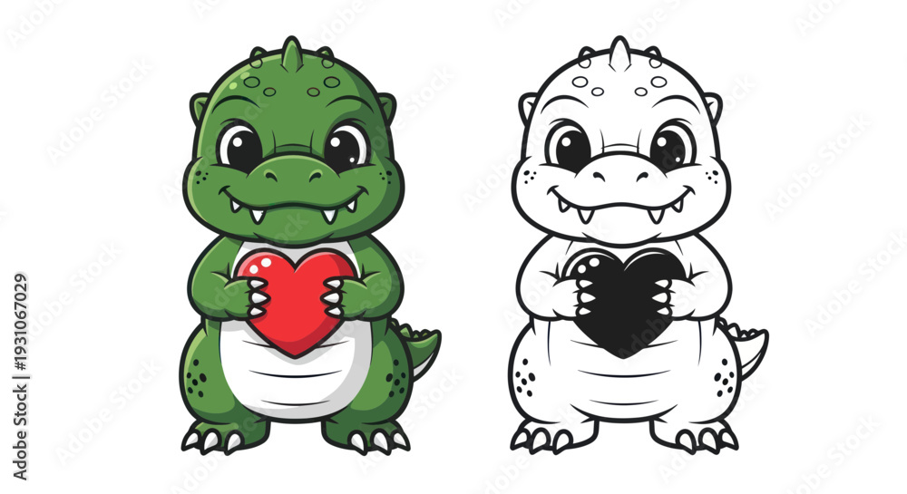 Obraz premium Cute Baby Dinosaur Holding Red Heart, Cartoon Style