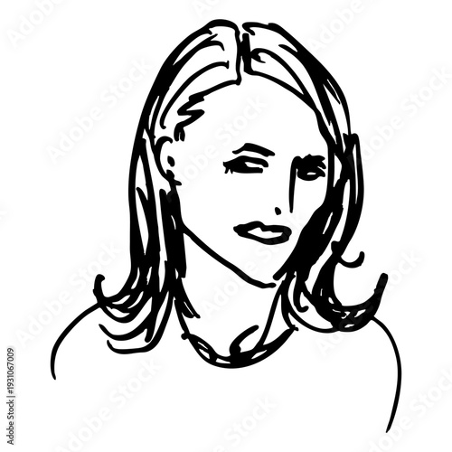 Portrait of a pretty caucasian girl with blond hair. Hand drawn linear doodle rough sketch. Black and white silhouette.