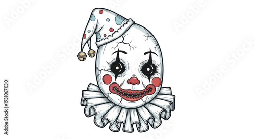 Creepy Cracked Egg Clown Face with Jester Hat and Ruffle Collar