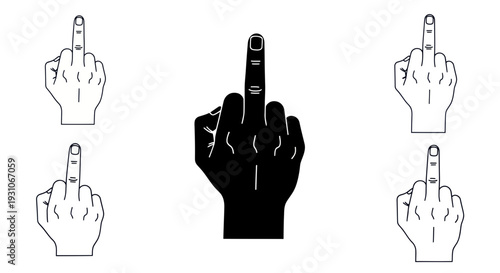 Middle Finger Gesture Icon Set - Offensive Hand Sign Silhouette and Outline