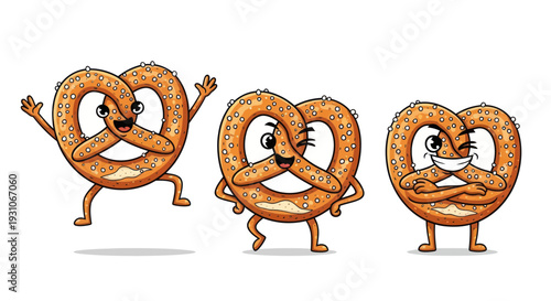 Funny Cartoon Pretzels With Faces and Arms, Isolated on White