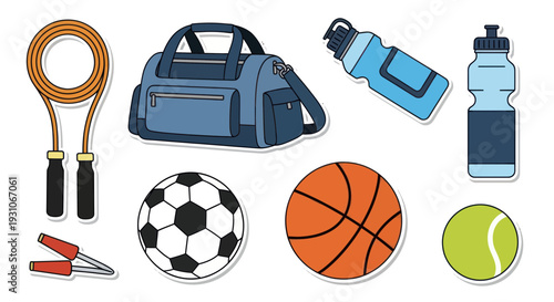 Fitness and Sports Gear: Jump Rope, Balls, Water Bottles, Gym Bag, Hand Grips