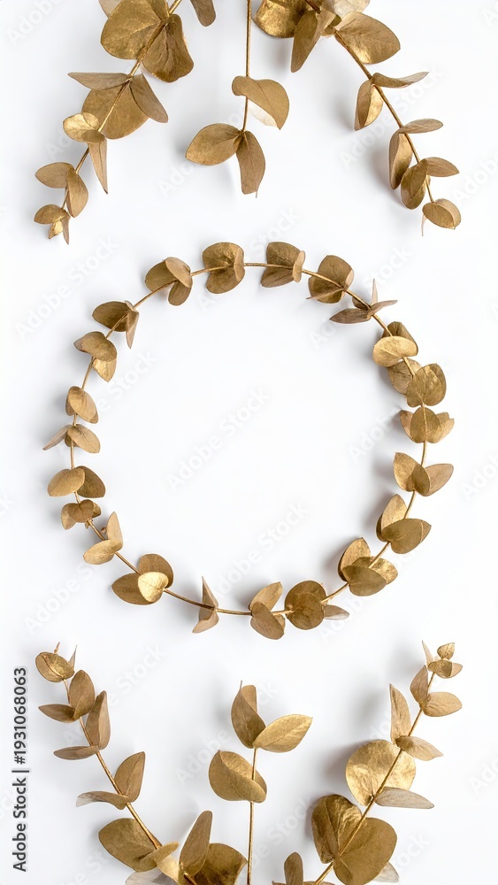 Obraz premium Golden eucalyptus wreath & branches on white background