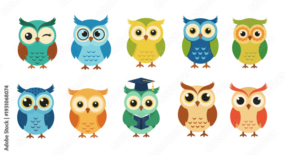 Fototapeta premium Cute Cartoon Owls Collection - Diverse Colors and Styles