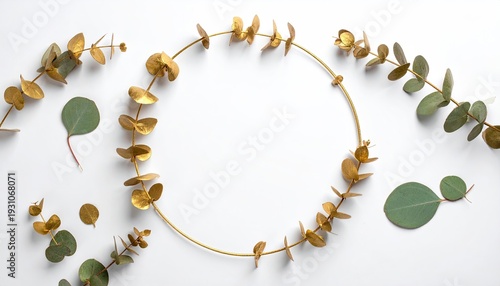 Gold, green leaves encircle blank space on a white surface