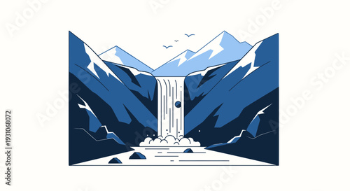 Flat Design Waterfall and Mountains Landscape Illustration