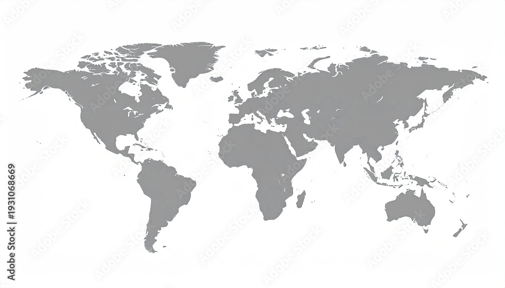 Obraz premium Gray, flat world map displaying continents