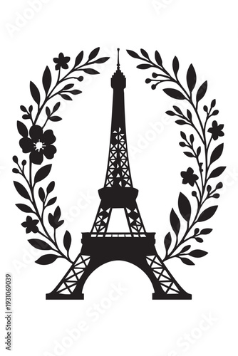Eiffel Tower silhouette inside a floral laurel wreath vector design